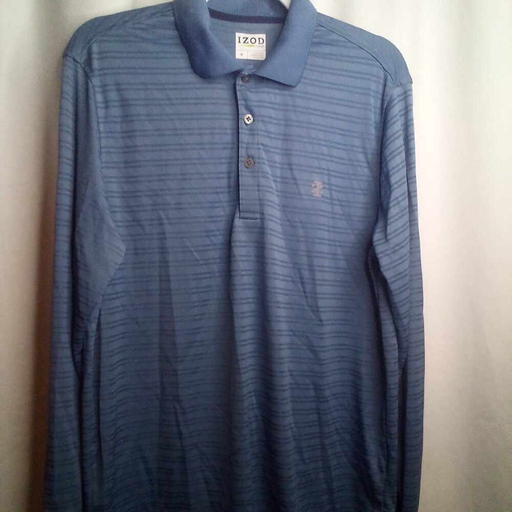 Izod Golf Polo Shirt M Mens Long Sleeve Stripe Blue
